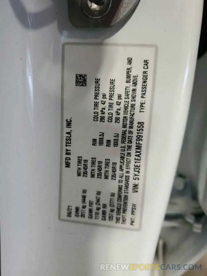 13 fotografías del automóvil dañado 5YJ3E1EAXMF991558 TESLA MODEL 3 2021