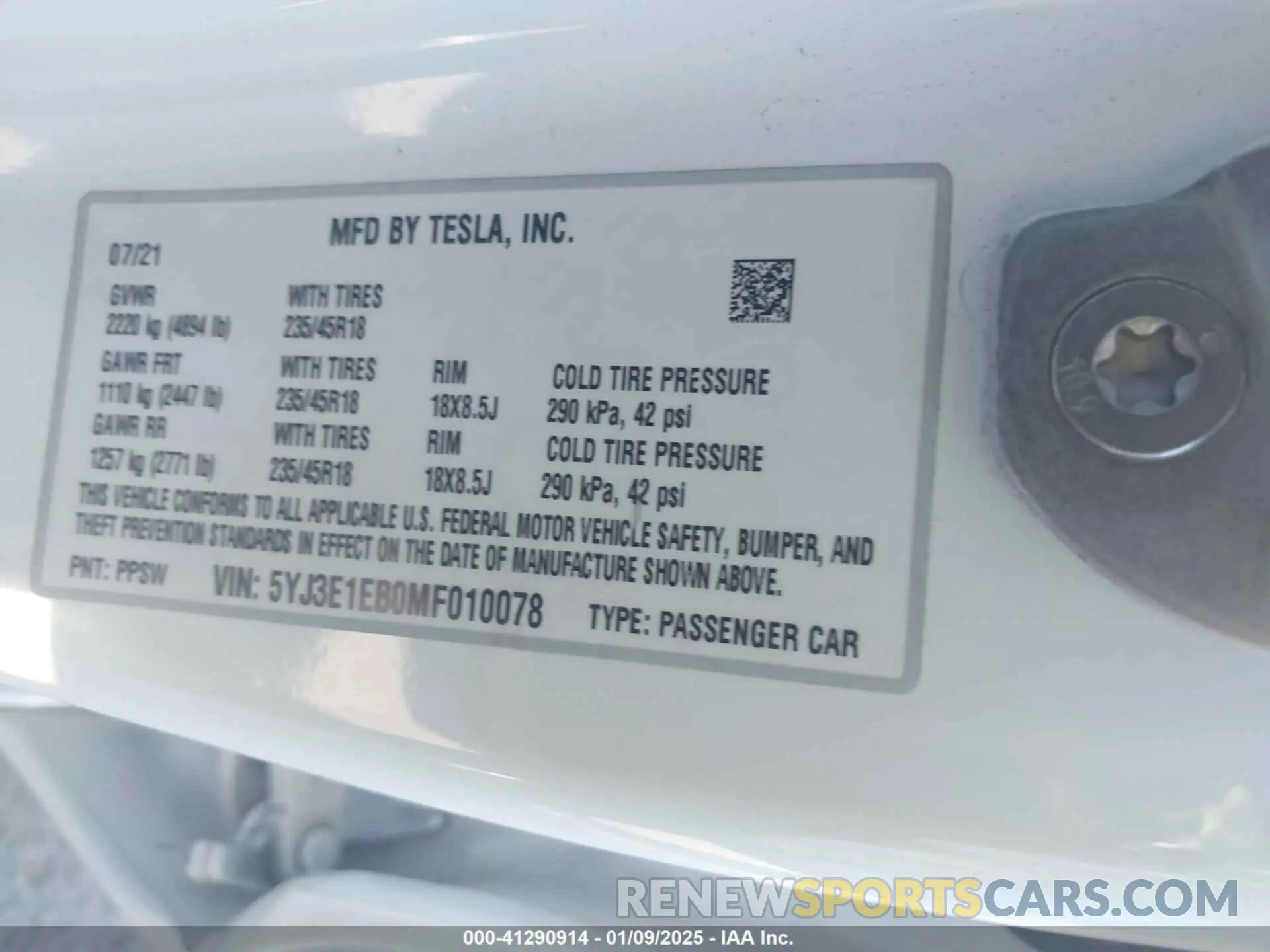 9 fotografías del automóvil dañado 5YJ3E1EB0MF010078 TESLA MODEL 3 2021