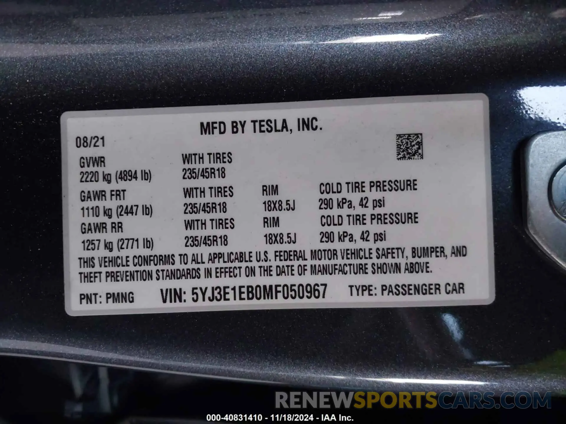 9 fotografías del automóvil dañado 5YJ3E1EB0MF050967 TESLA MODEL 3 2021