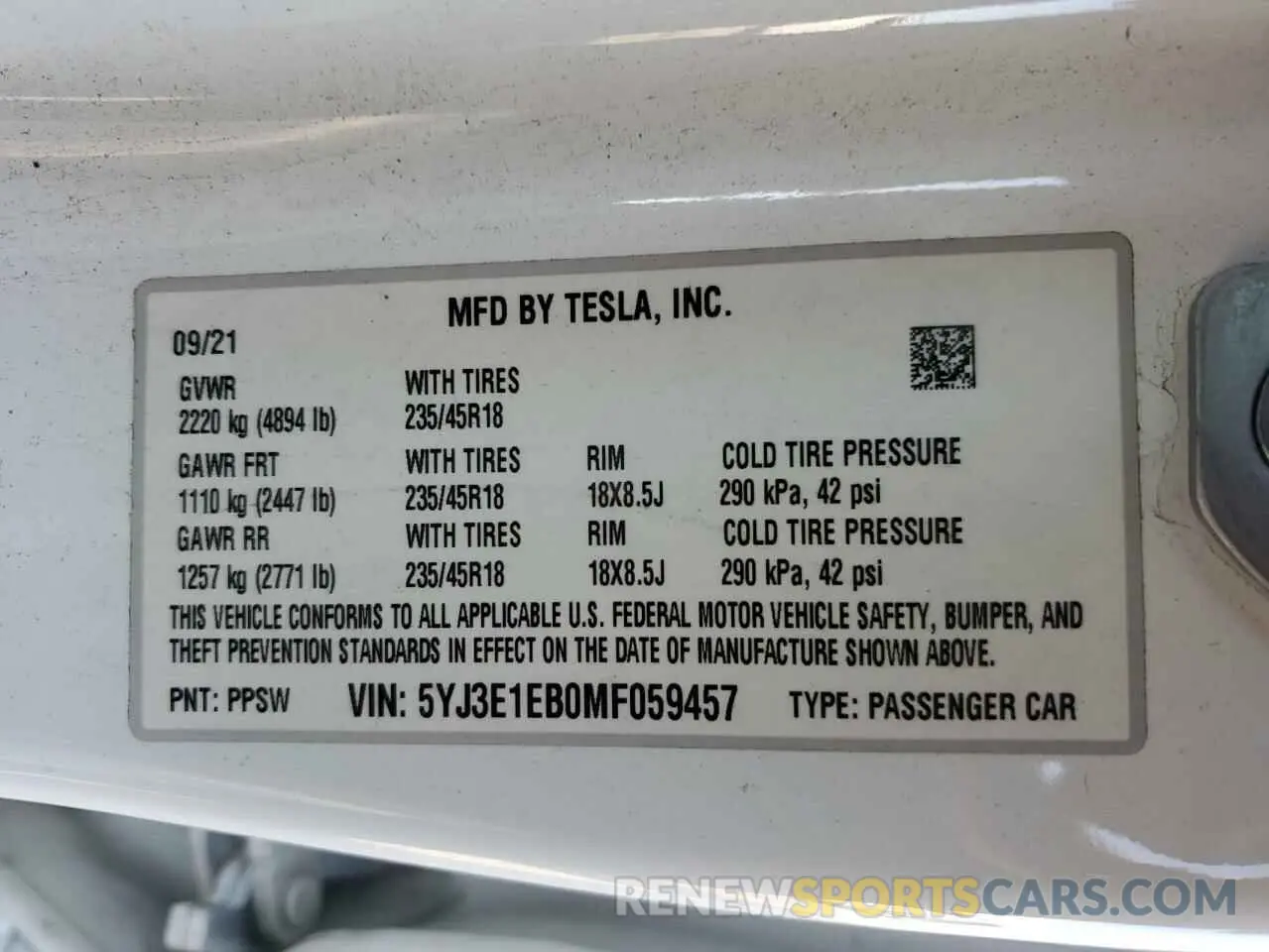 15 fotografías del automóvil dañado 5YJ3E1EB0MF059457 TESLA MODEL 3 2021