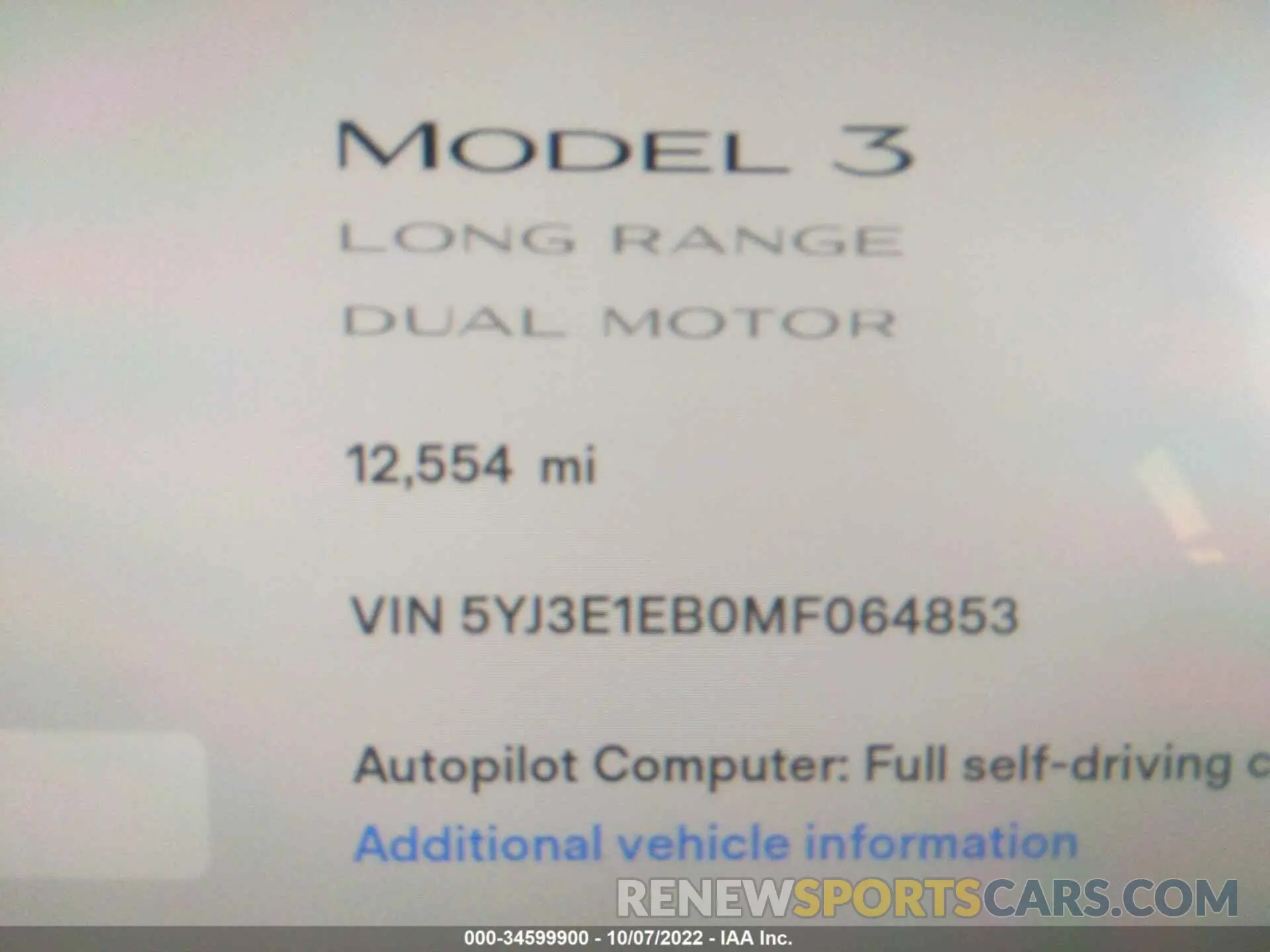 7 fotografías del automóvil dañado 5YJ3E1EB0MF064853 TESLA MODEL 3 2021