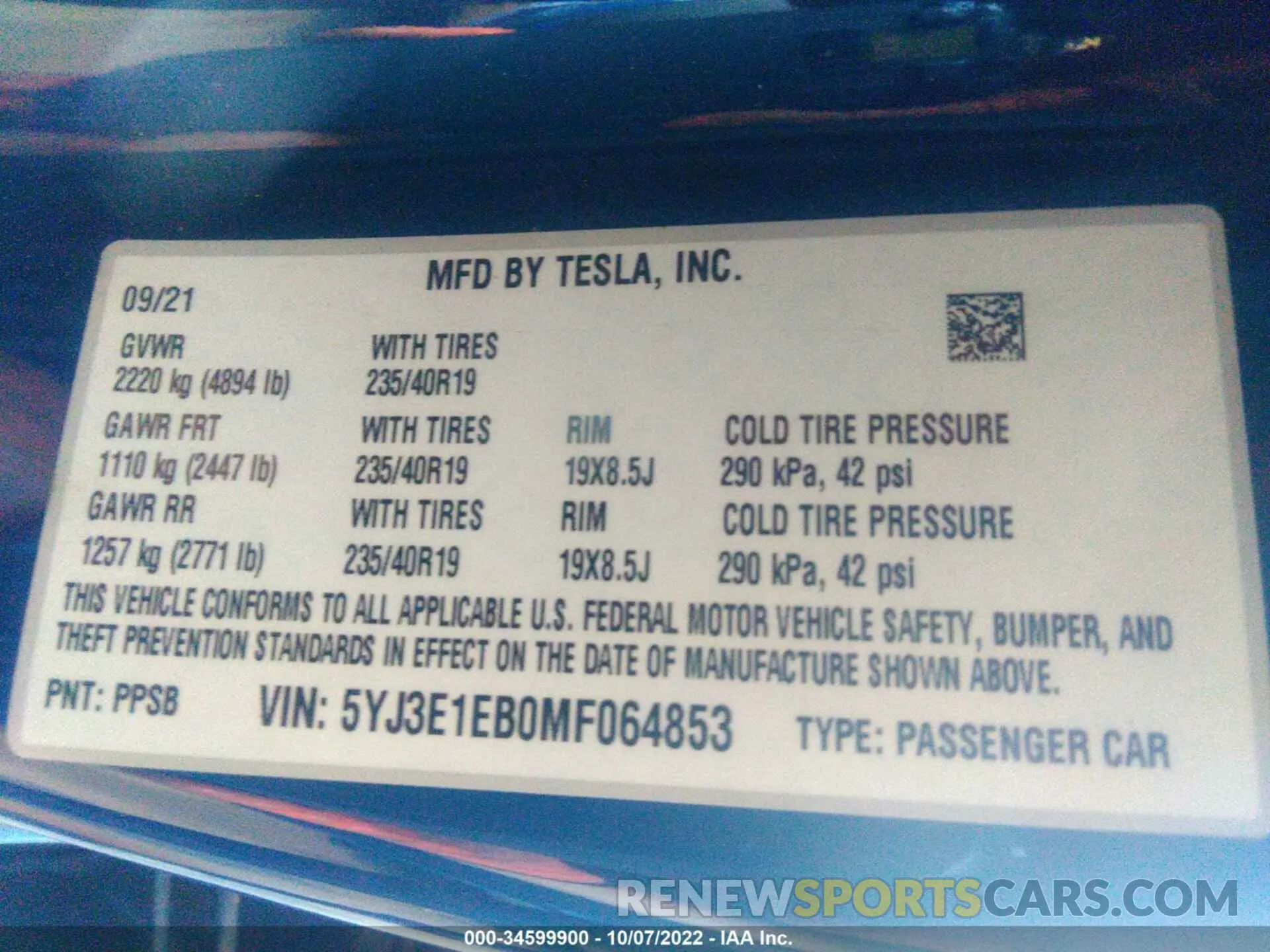 9 fotografías del automóvil dañado 5YJ3E1EB0MF064853 TESLA MODEL 3 2021