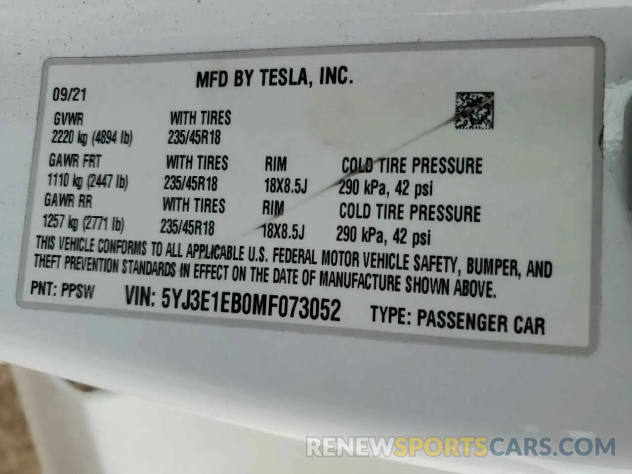15 fotografías del automóvil dañado 5YJ3E1EB0MF073052 TESLA MODEL 3 2021