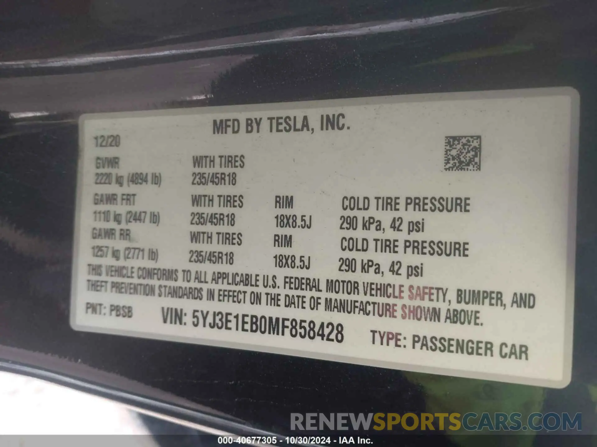 9 fotografías del automóvil dañado 5YJ3E1EB0MF858428 TESLA MODEL 3 2021