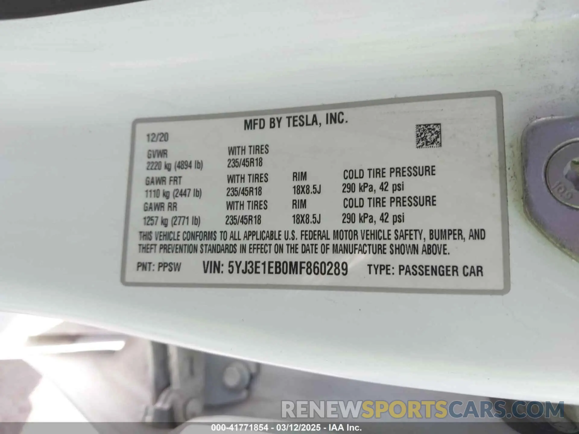 9 fotografías del automóvil dañado 5YJ3E1EB0MF860289 TESLA MODEL 3 2021