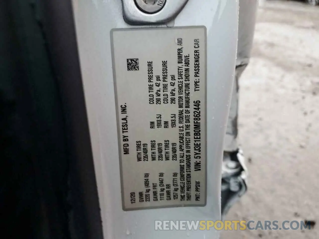 12 fotografías del automóvil dañado 5YJ3E1EB0MF862446 TESLA MODEL 3 2021