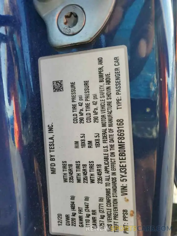 12 fotografías del automóvil dañado 5YJ3E1EB0MF869168 TESLA MODEL 3 2021