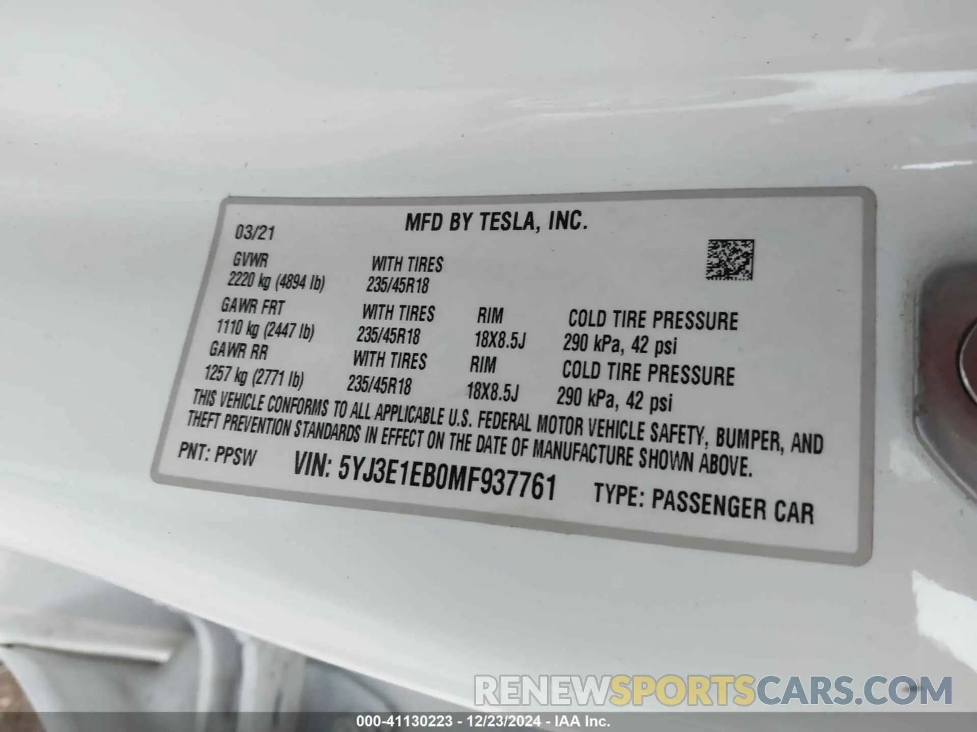 9 fotografías del automóvil dañado 5YJ3E1EB0MF937761 TESLA MODEL 3 2021