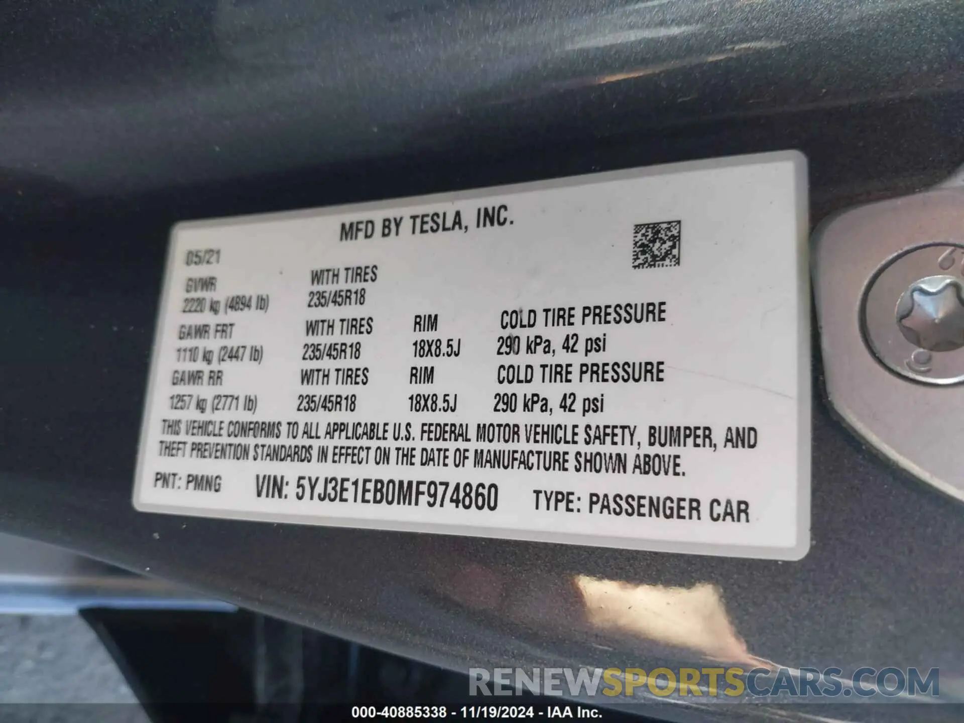 9 fotografías del automóvil dañado 5YJ3E1EB0MF974860 TESLA MODEL 3 2021