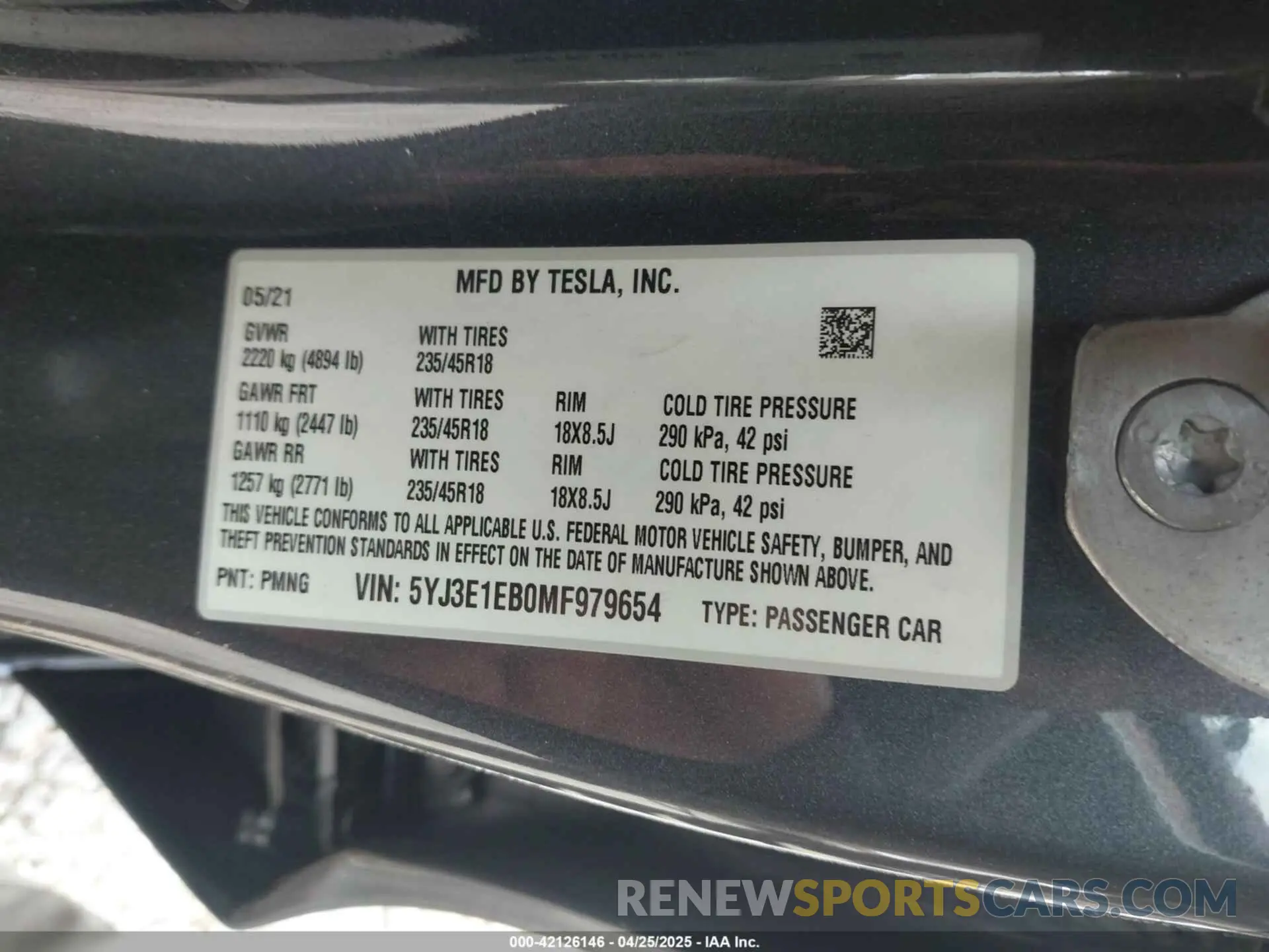 9 fotografías del automóvil dañado 5YJ3E1EB0MF979654 TESLA MODEL 3 2021