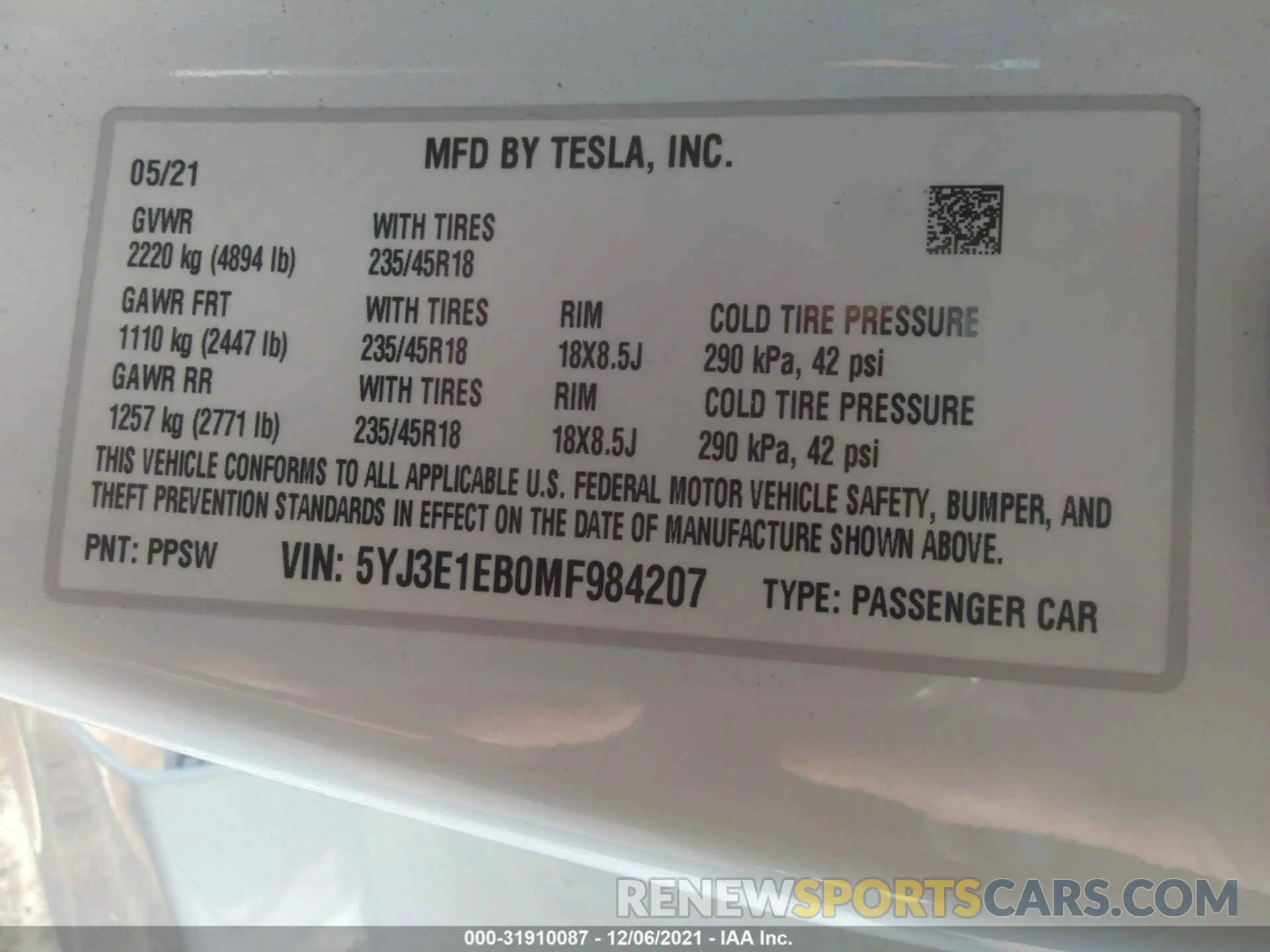 9 fotografías del automóvil dañado 5YJ3E1EB0MF984207 TESLA MODEL 3 2021