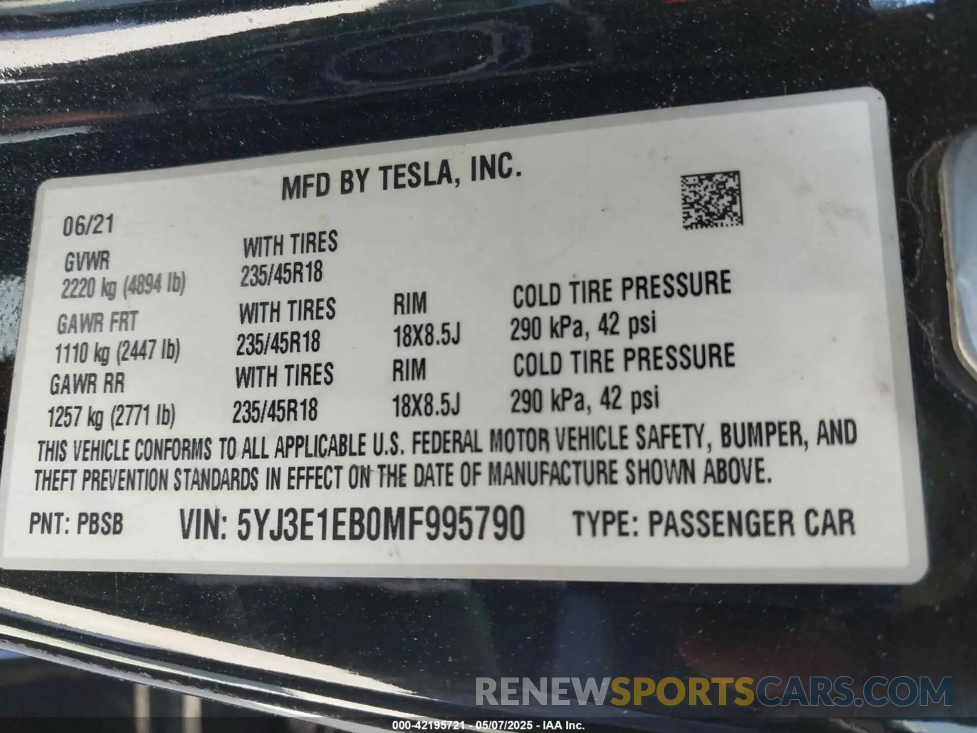 9 fotografías del automóvil dañado 5YJ3E1EB0MF995790 TESLA MODEL 3 2021