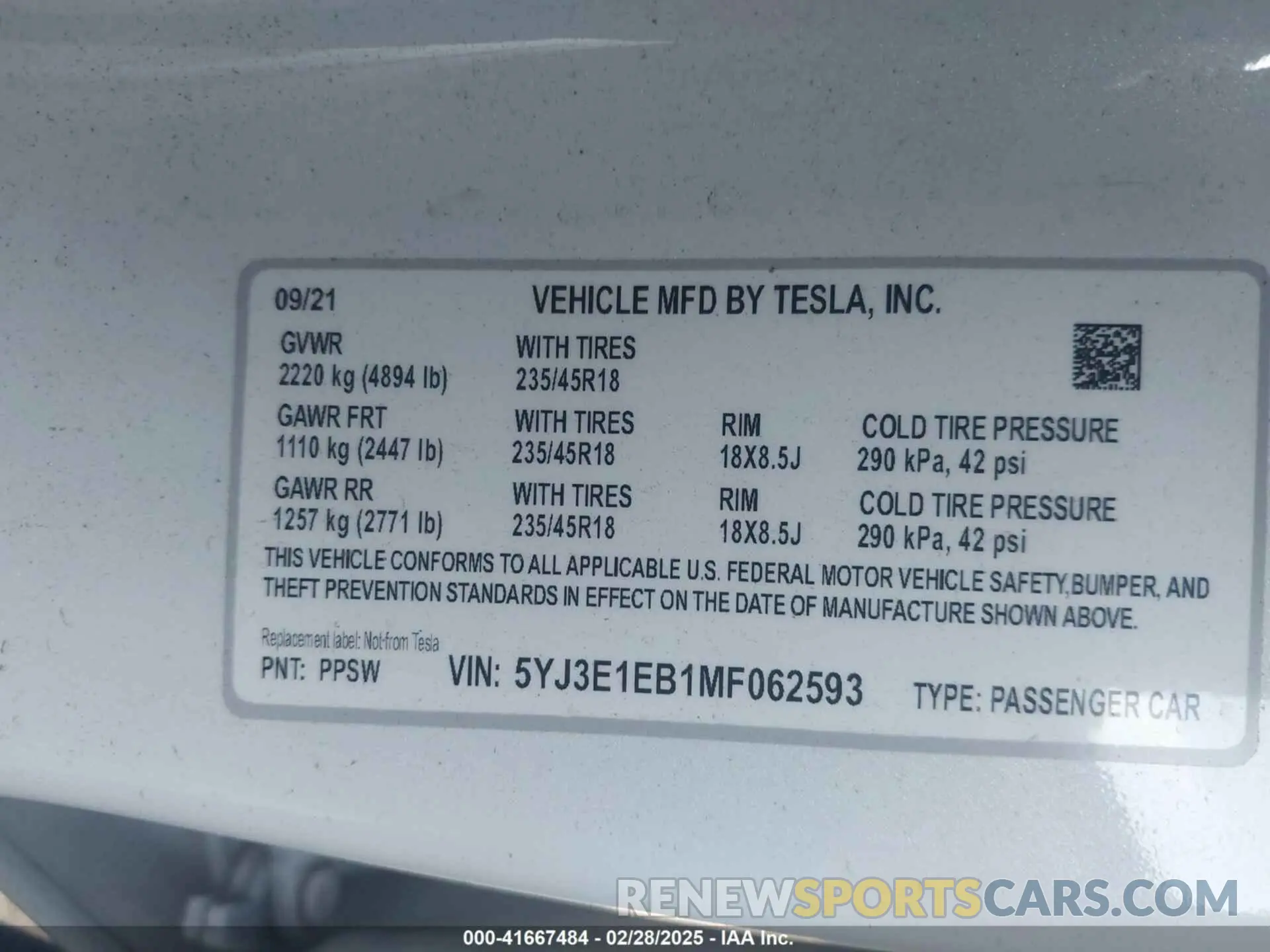 9 fotografías del automóvil dañado 5YJ3E1EB1MF062593 TESLA MODEL 3 2021