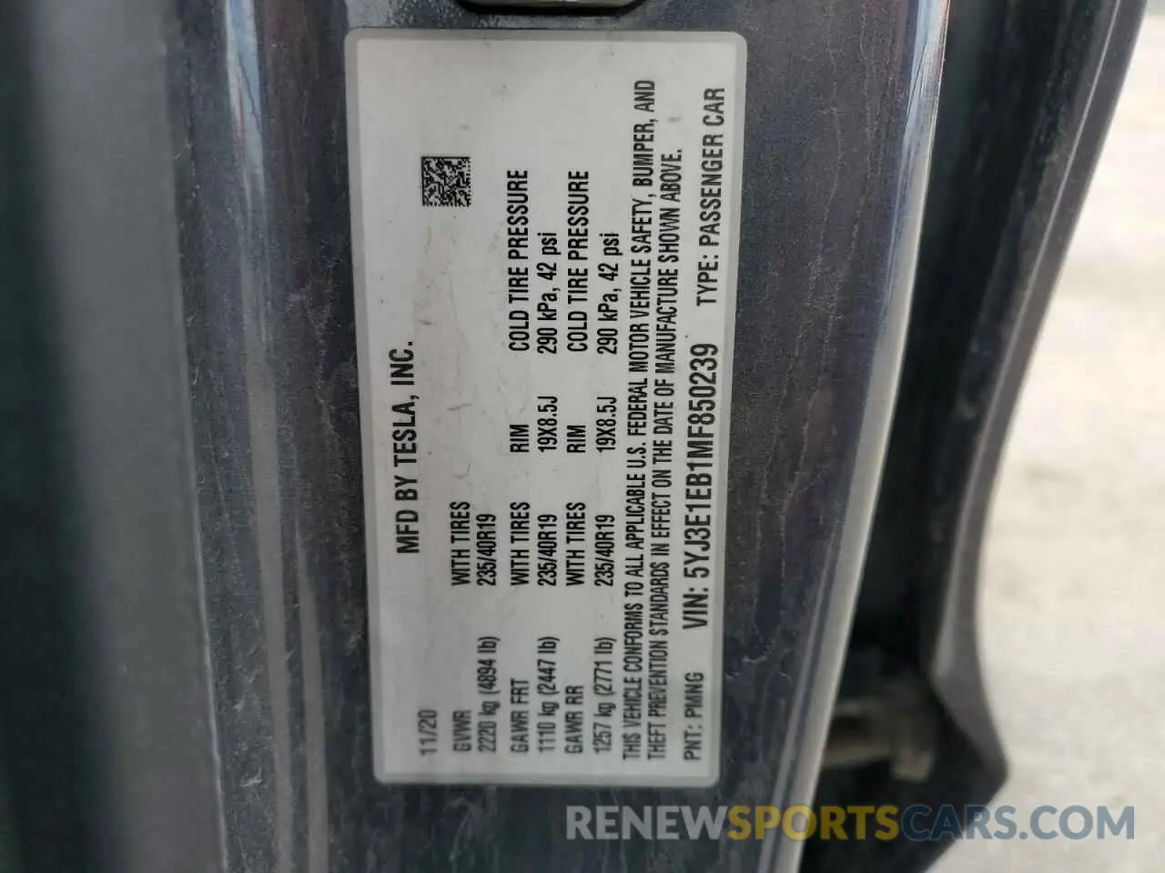 12 fotografías del automóvil dañado 5YJ3E1EB1MF850239 TESLA MODEL 3 2021