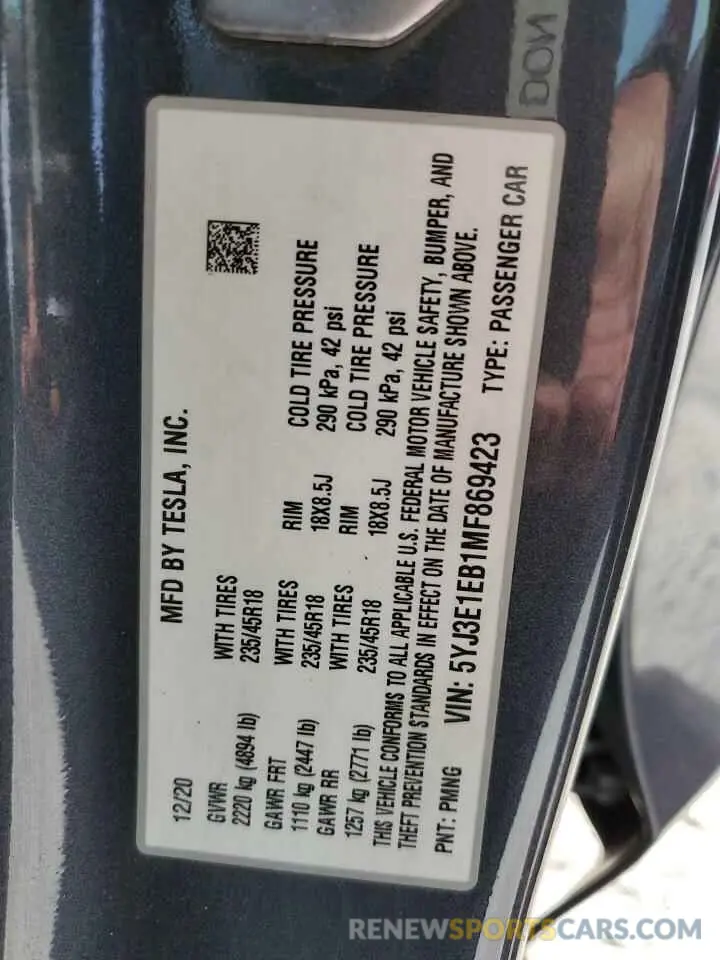 13 fotografías del automóvil dañado 5YJ3E1EB1MF869423 TESLA MODEL 3 2021