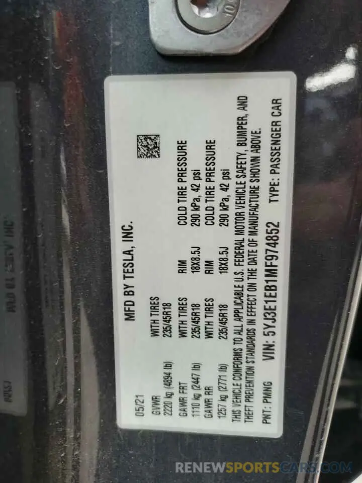 13 fotografías del automóvil dañado 5YJ3E1EB1MF974852 TESLA MODEL 3 2021