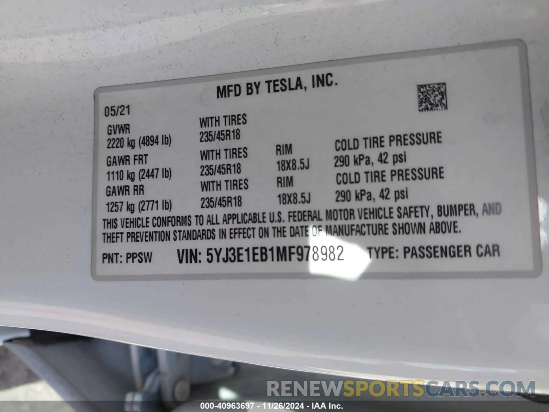 9 fotografías del automóvil dañado 5YJ3E1EB1MF978982 TESLA MODEL 3 2021
