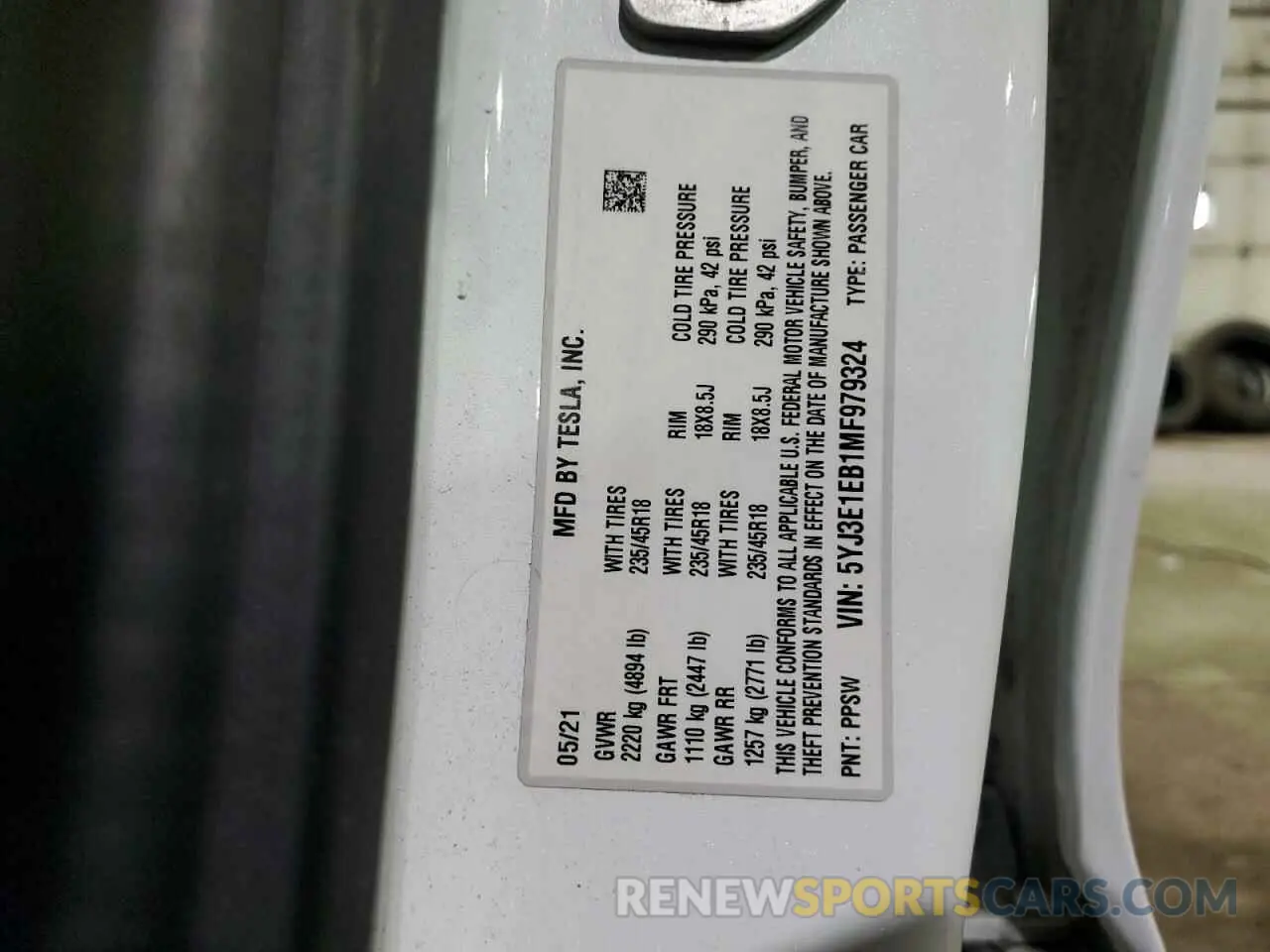 12 fotografías del automóvil dañado 5YJ3E1EB1MF979324 TESLA MODEL 3 2021
