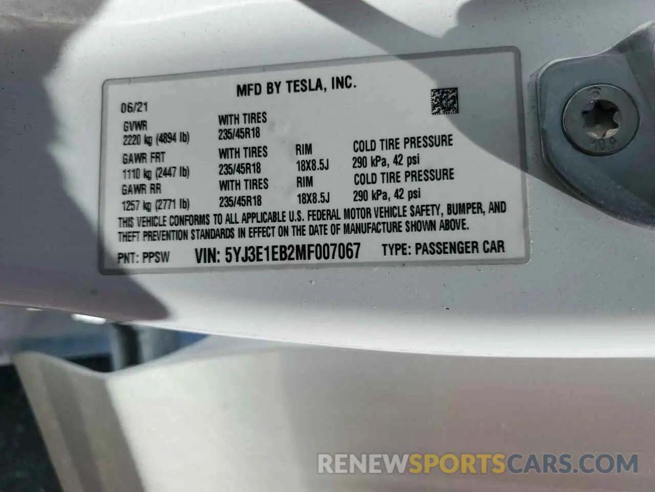 14 fotografías del automóvil dañado 5YJ3E1EB2MF007067 TESLA MODEL 3 2021