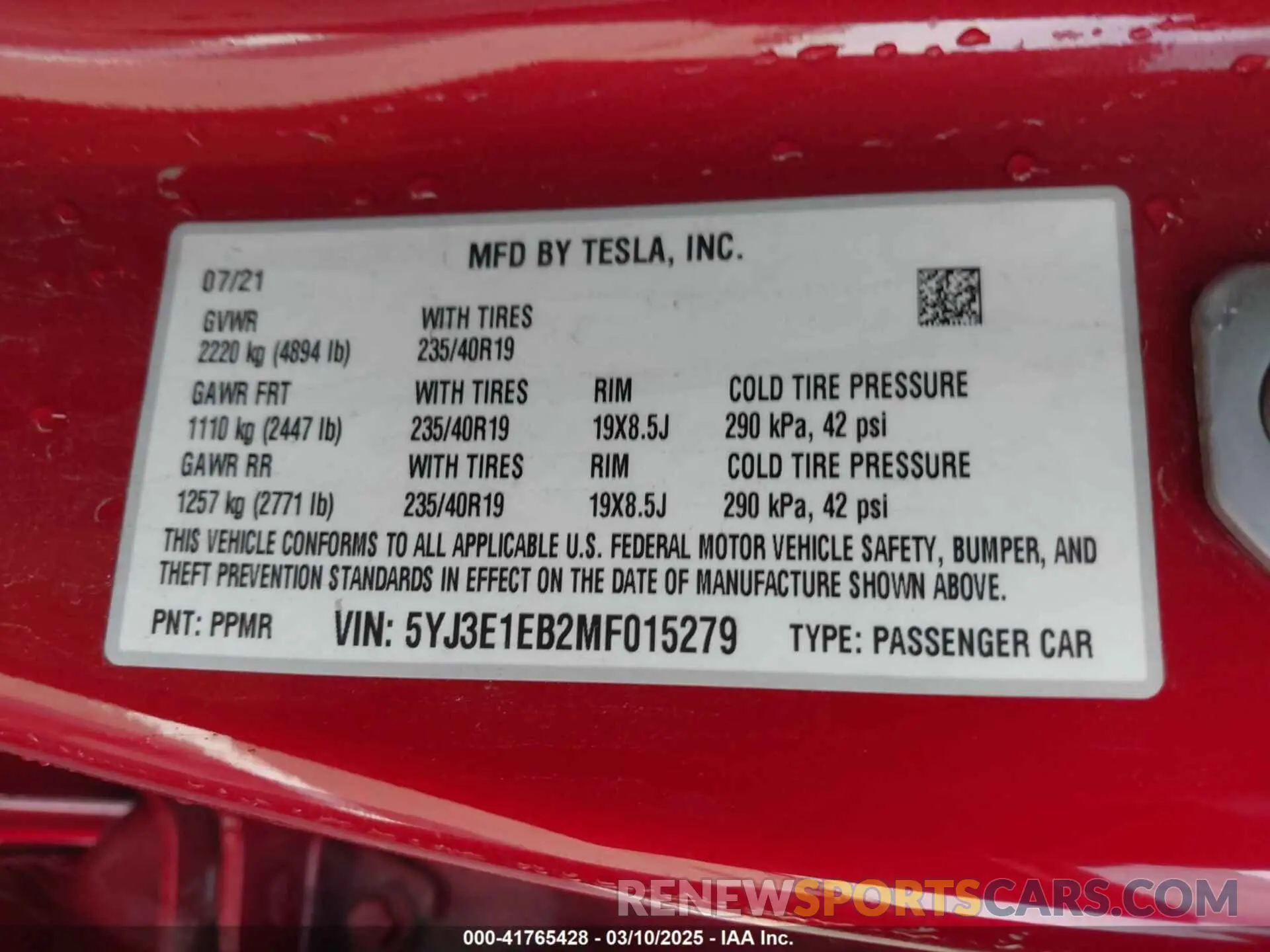 9 fotografías del automóvil dañado 5YJ3E1EB2MF015279 TESLA MODEL 3 2021
