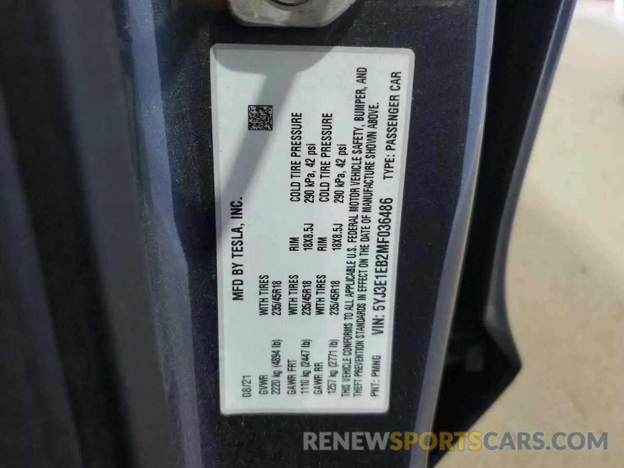 12 fotografías del automóvil dañado 5YJ3E1EB2MF036486 TESLA MODEL 3 2021