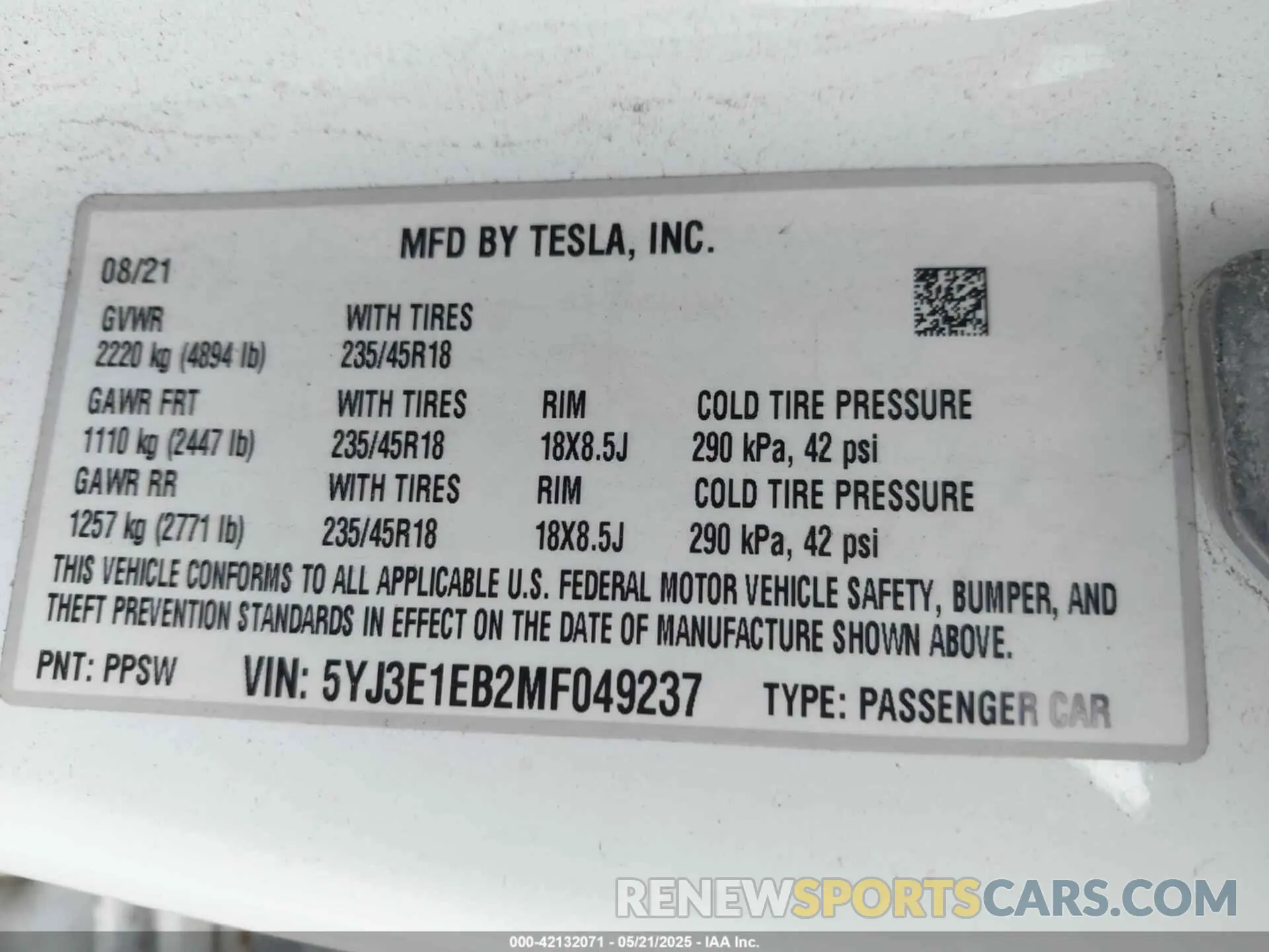 9 fotografías del automóvil dañado 5YJ3E1EB2MF049237 TESLA MODEL 3 2021
