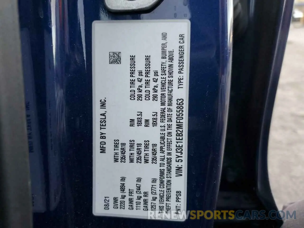 14 fotografías del automóvil dañado 5YJ3E1EB2MF055863 TESLA MODEL 3 2021