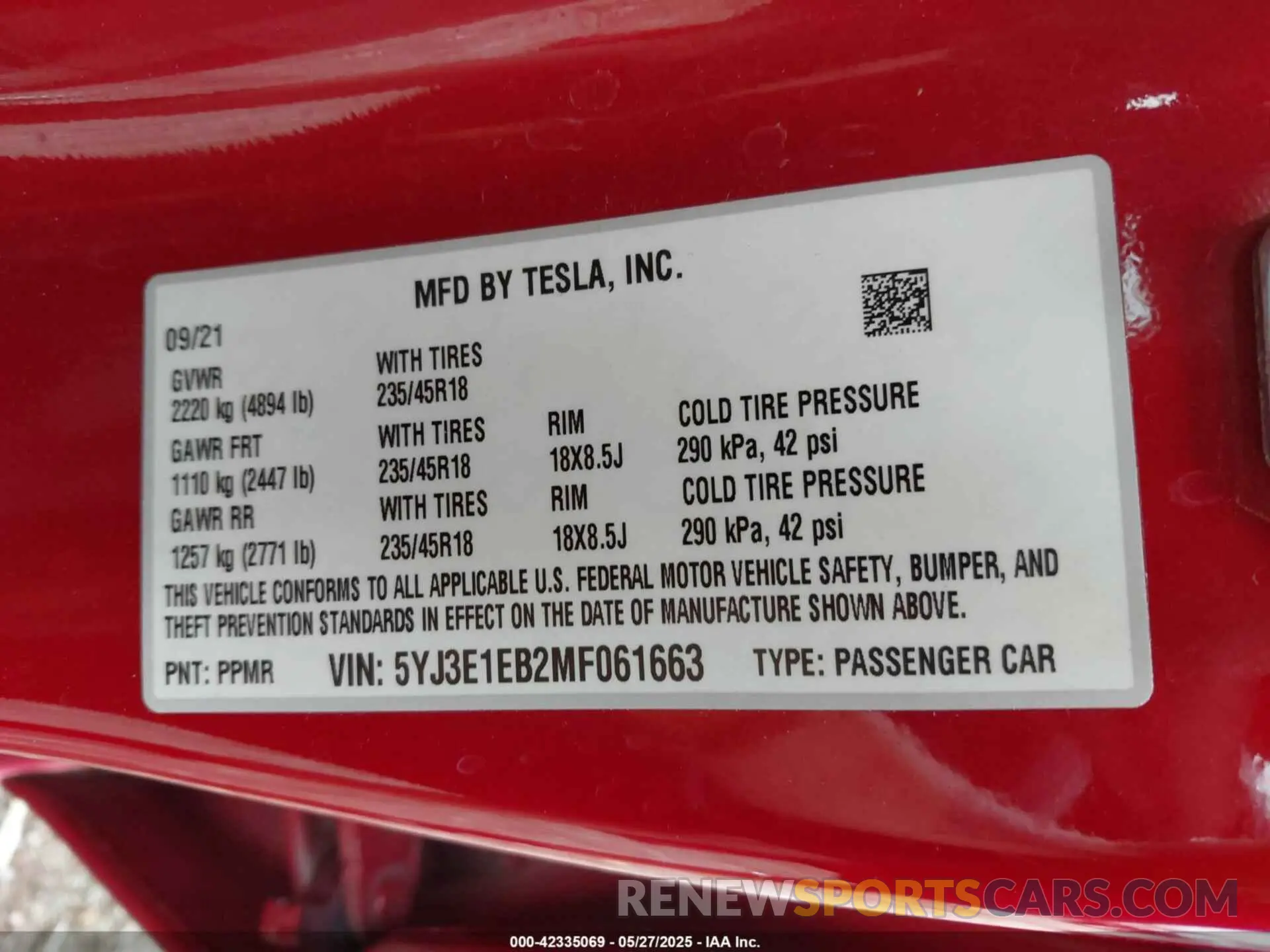 8 fotografías del automóvil dañado 5YJ3E1EB2MF061663 TESLA MODEL 3 2021