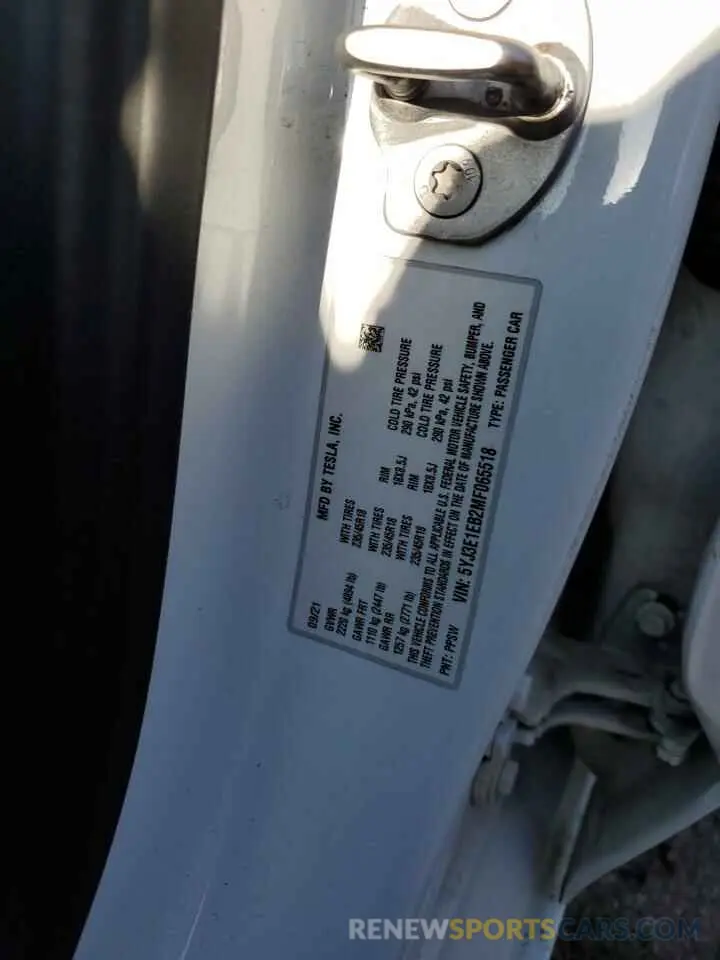 13 fotografías del automóvil dañado 5YJ3E1EB2MF065518 TESLA MODEL 3 2021