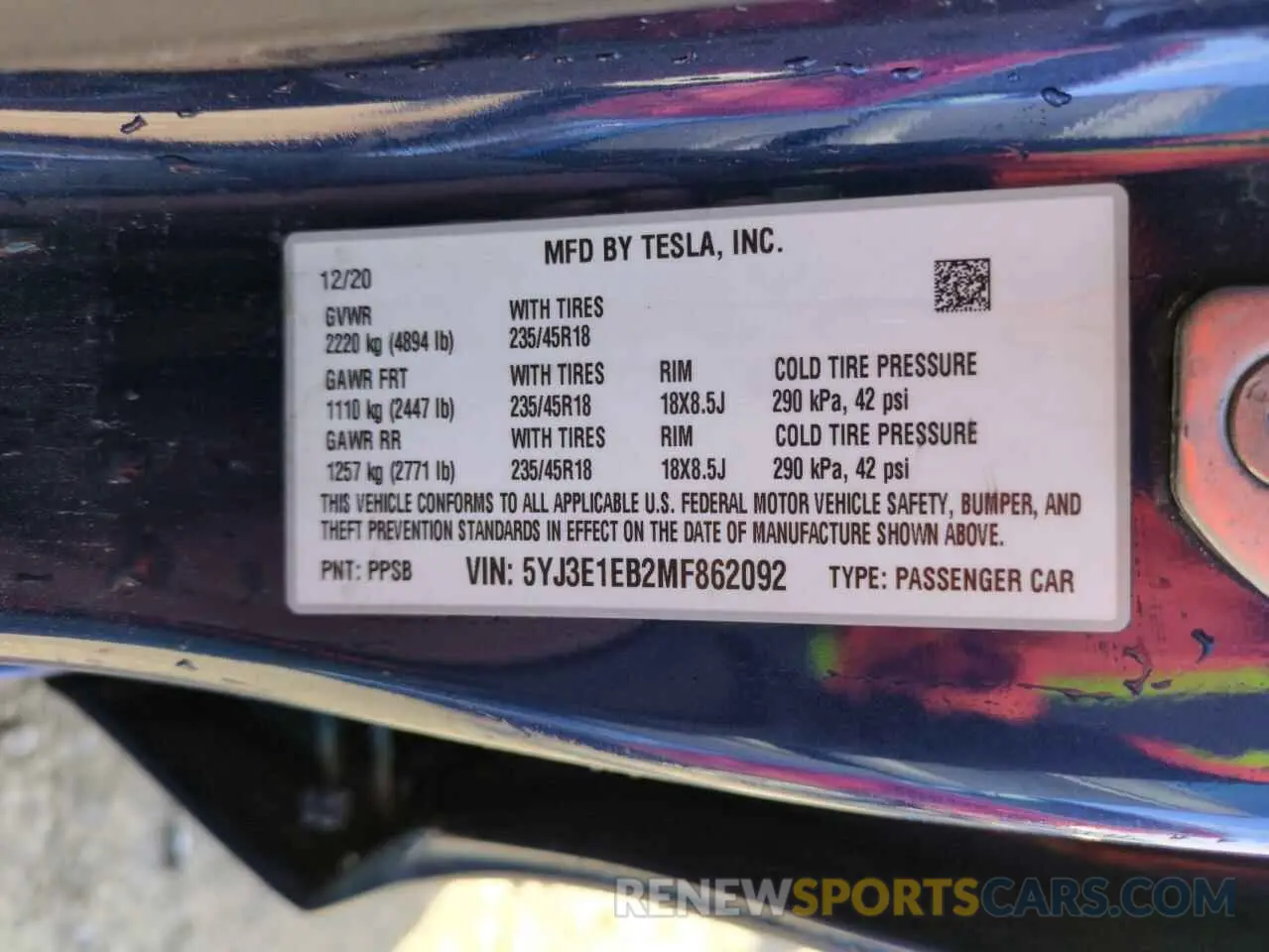 12 fotografías del automóvil dañado 5YJ3E1EB2MF862092 TESLA MODEL 3 2021
