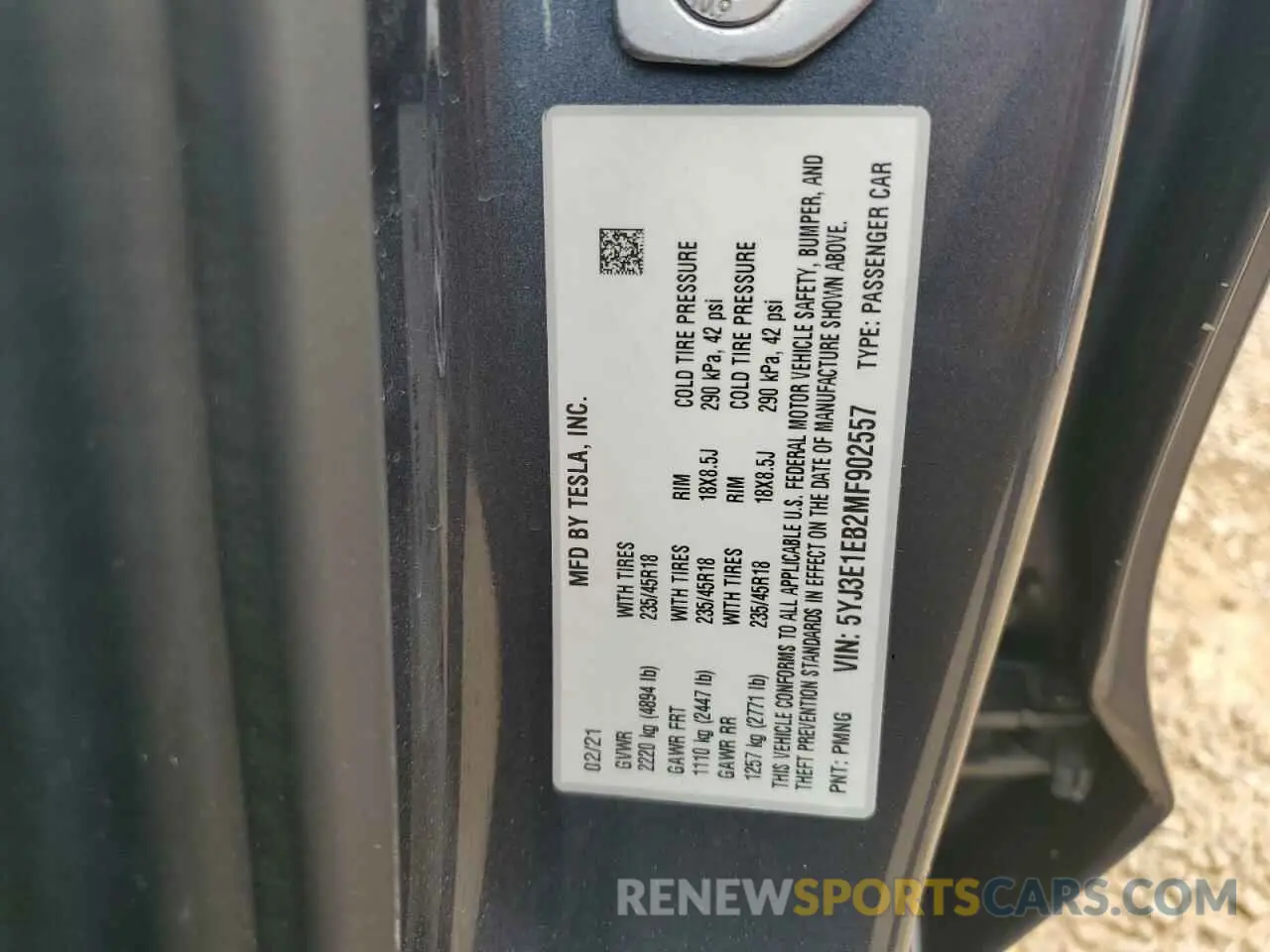 12 fotografías del automóvil dañado 5YJ3E1EB2MF902557 TESLA MODEL 3 2021