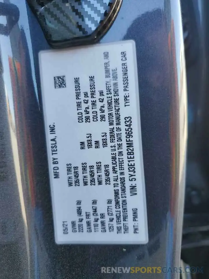 14 fotografías del automóvil dañado 5YJ3E1EB2MF965433 TESLA MODEL 3 2021