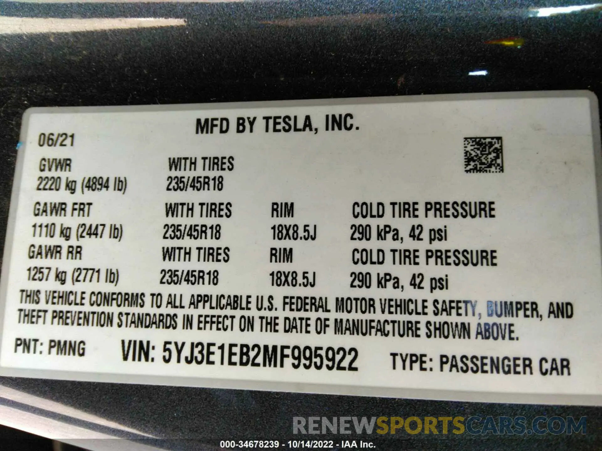 9 fotografías del automóvil dañado 5YJ3E1EB2MF995922 TESLA MODEL 3 2021
