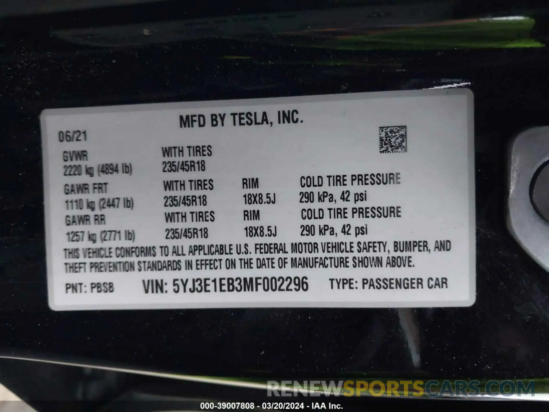 9 fotografías del automóvil dañado 5YJ3E1EB3MF002296 TESLA MODEL 3 2021