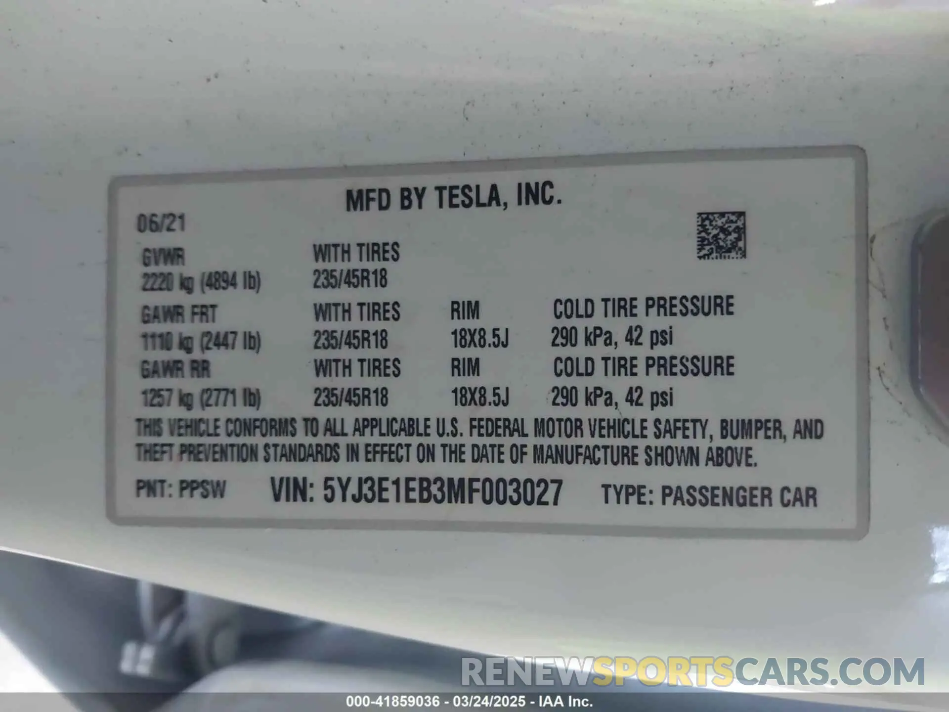 9 fotografías del automóvil dañado 5YJ3E1EB3MF003027 TESLA MODEL 3 2021