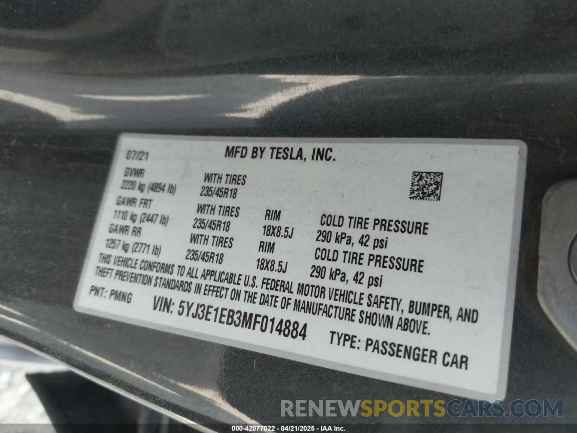 9 fotografías del automóvil dañado 5YJ3E1EB3MF014884 TESLA MODEL 3 2021
