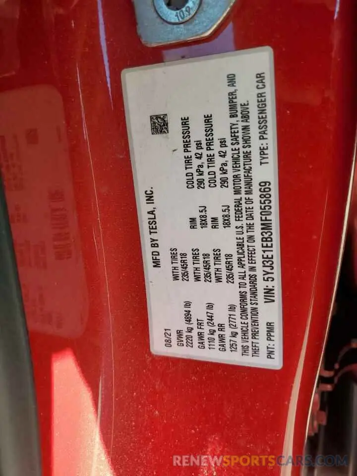 12 fotografías del automóvil dañado 5YJ3E1EB3MF055869 TESLA MODEL 3 2021