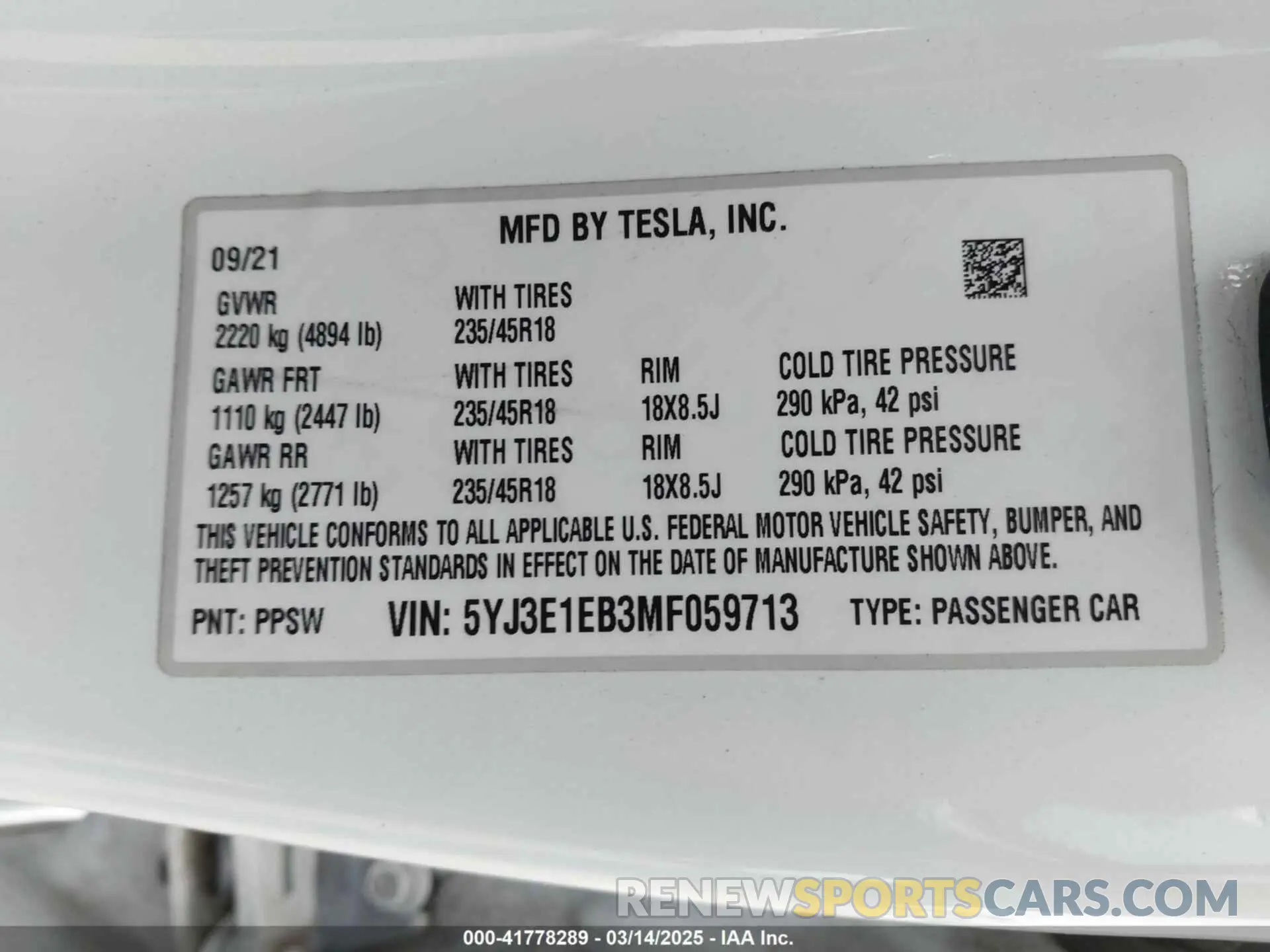 9 fotografías del automóvil dañado 5YJ3E1EB3MF059713 TESLA MODEL 3 2021