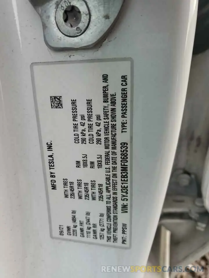 14 fotografías del automóvil dañado 5YJ3E1EB3MF068539 TESLA MODEL 3 2021