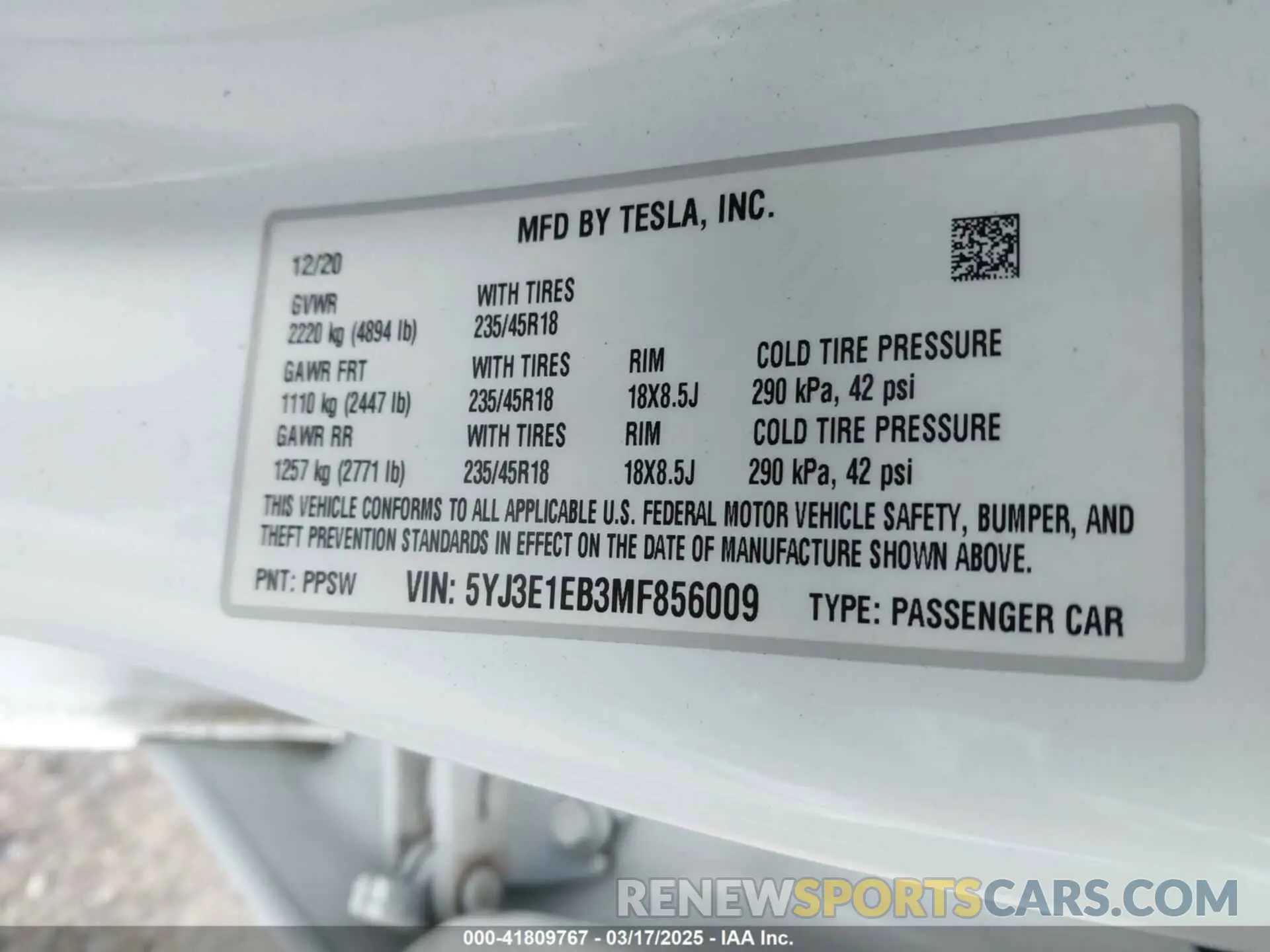 9 fotografías del automóvil dañado 5YJ3E1EB3MF856009 TESLA MODEL 3 2021