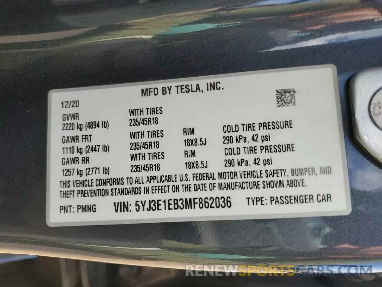 12 fotografías del automóvil dañado 5YJ3E1EB3MF862036 TESLA MODEL 3 2021