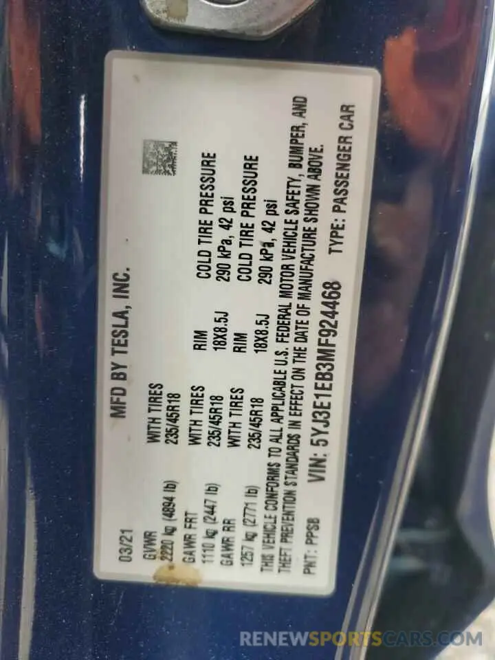 12 fotografías del automóvil dañado 5YJ3E1EB3MF924468 TESLA MODEL 3 2021