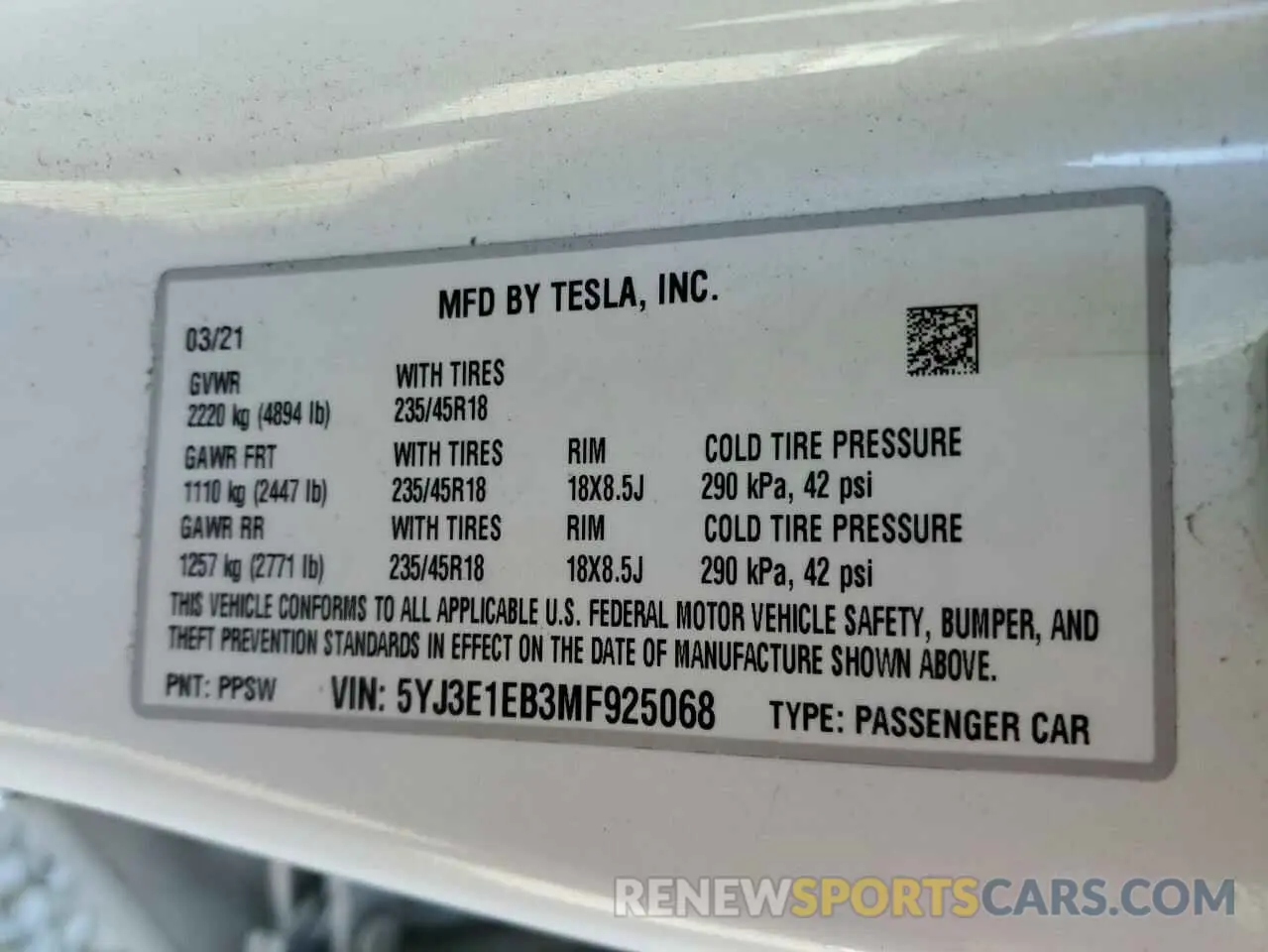 12 fotografías del automóvil dañado 5YJ3E1EB3MF925068 TESLA MODEL 3 2021