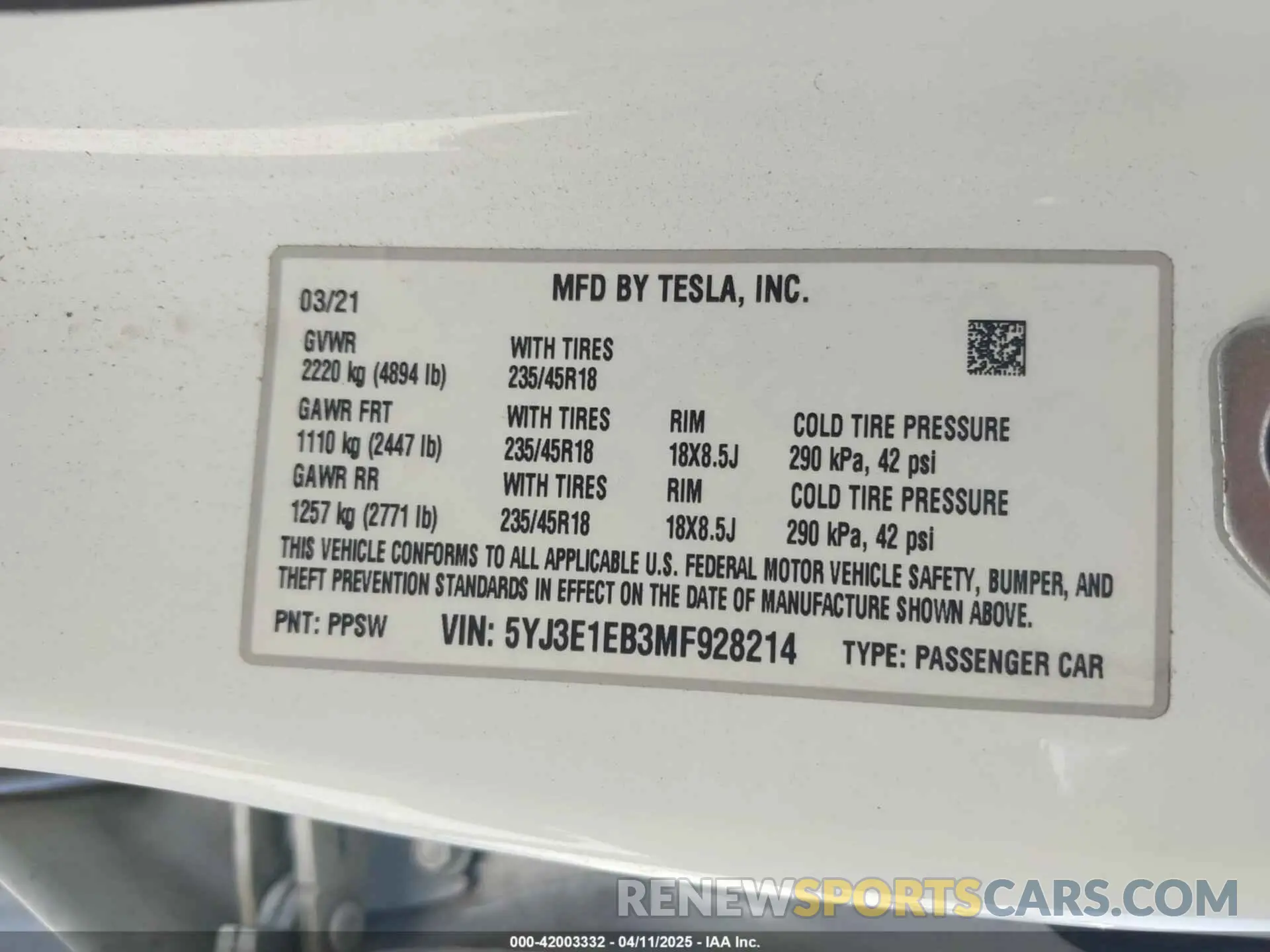 9 fotografías del automóvil dañado 5YJ3E1EB3MF928214 TESLA MODEL 3 2021