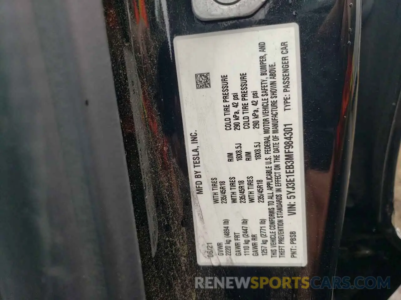 12 fotografías del automóvil dañado 5YJ3E1EB3MF984301 TESLA MODEL 3 2021