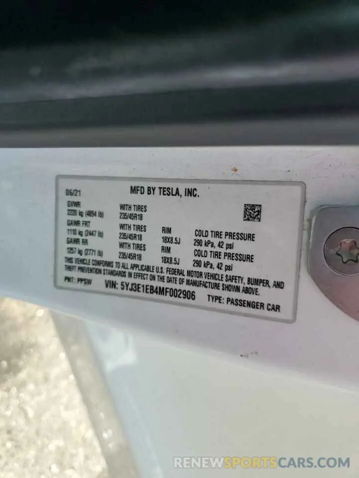 13 fotografías del automóvil dañado 5YJ3E1EB4MF002906 TESLA MODEL 3 2021