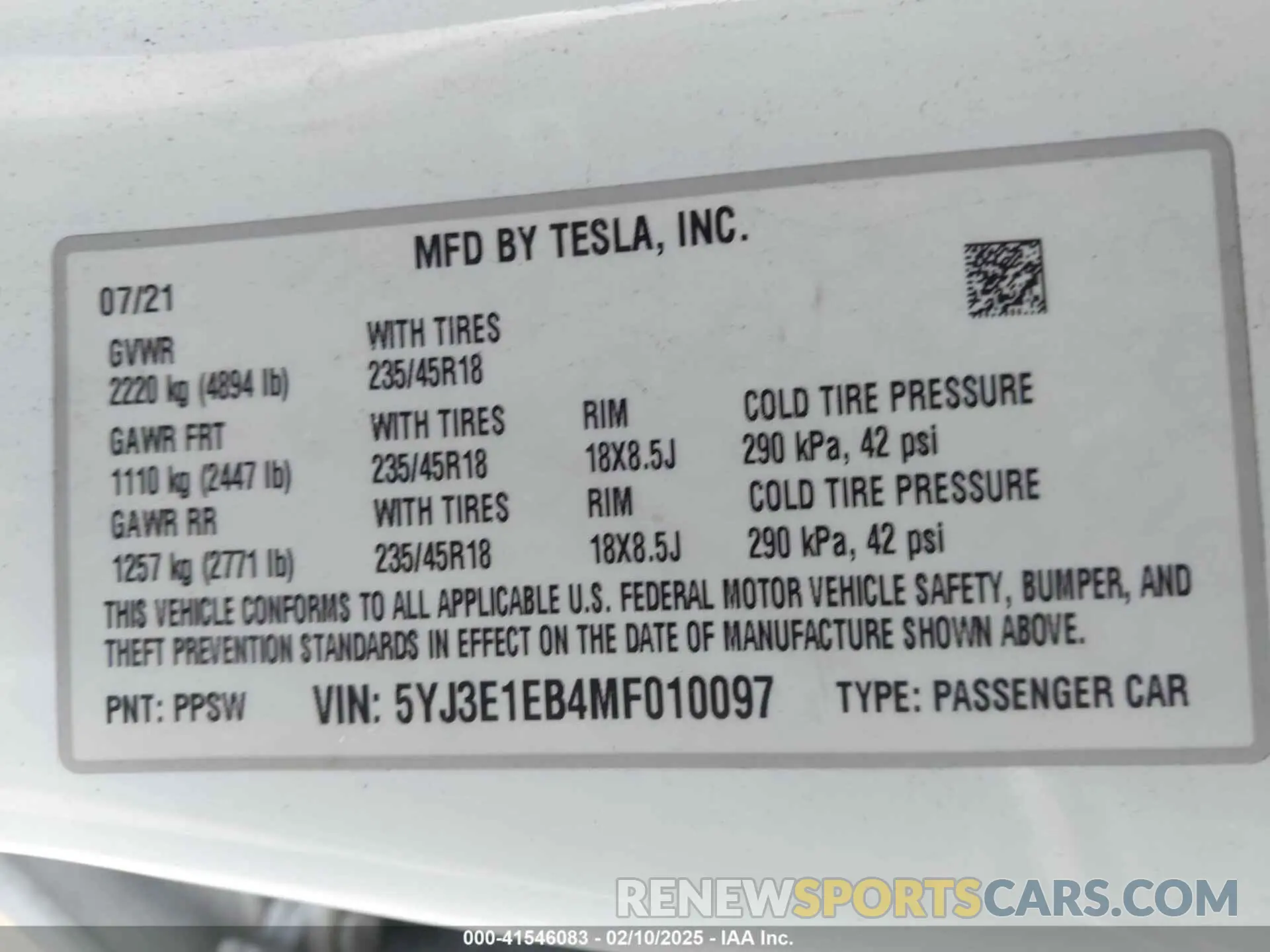 9 fotografías del automóvil dañado 5YJ3E1EB4MF010097 TESLA MODEL 3 2021