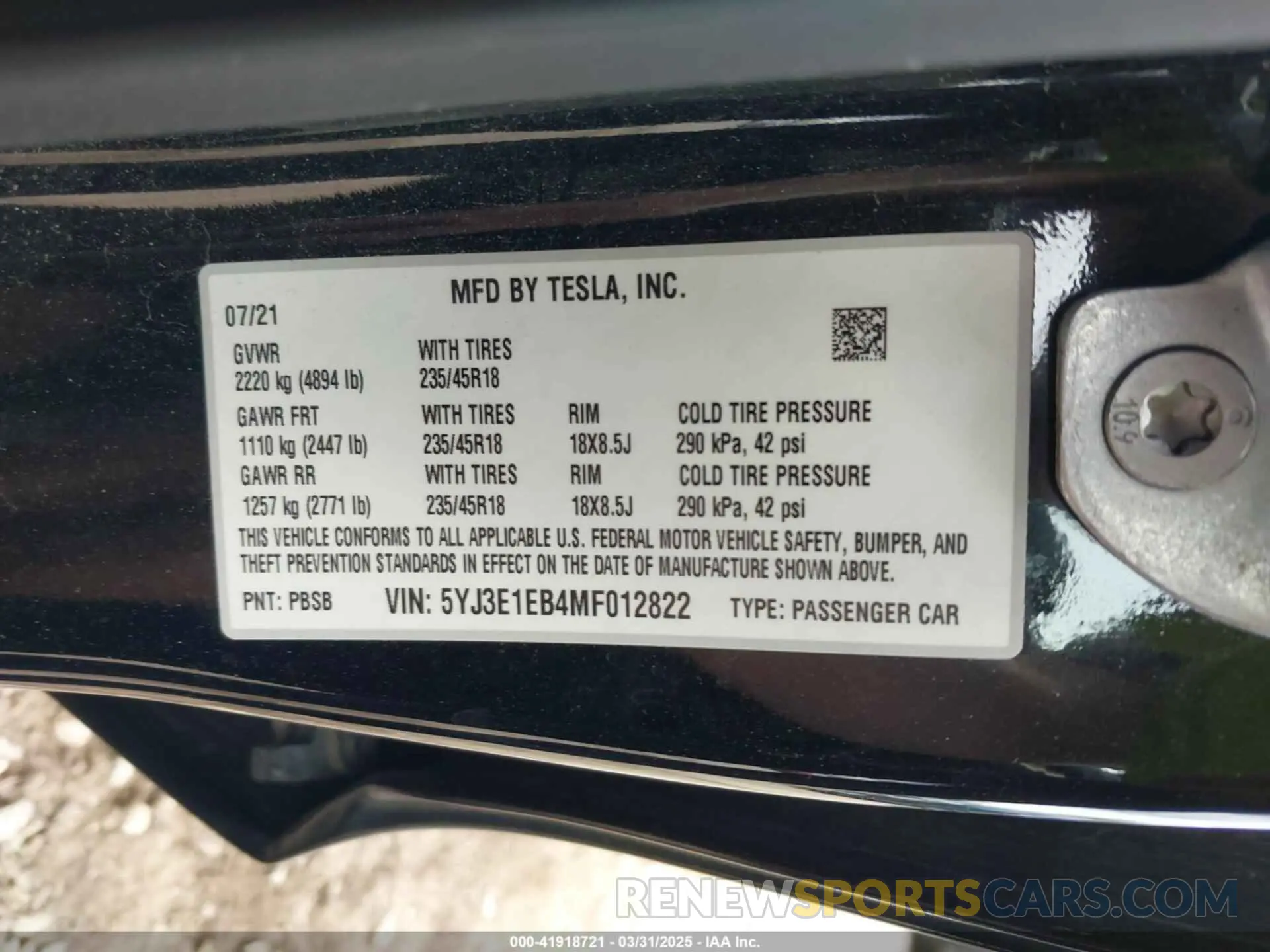 9 fotografías del automóvil dañado 5YJ3E1EB4MF012822 TESLA MODEL 3 2021