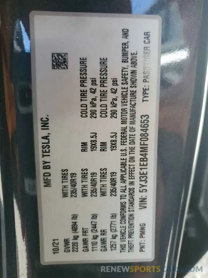 10 fotografías del automóvil dañado 5YJ3E1EB4MF084653 TESLA MODEL 3 2021