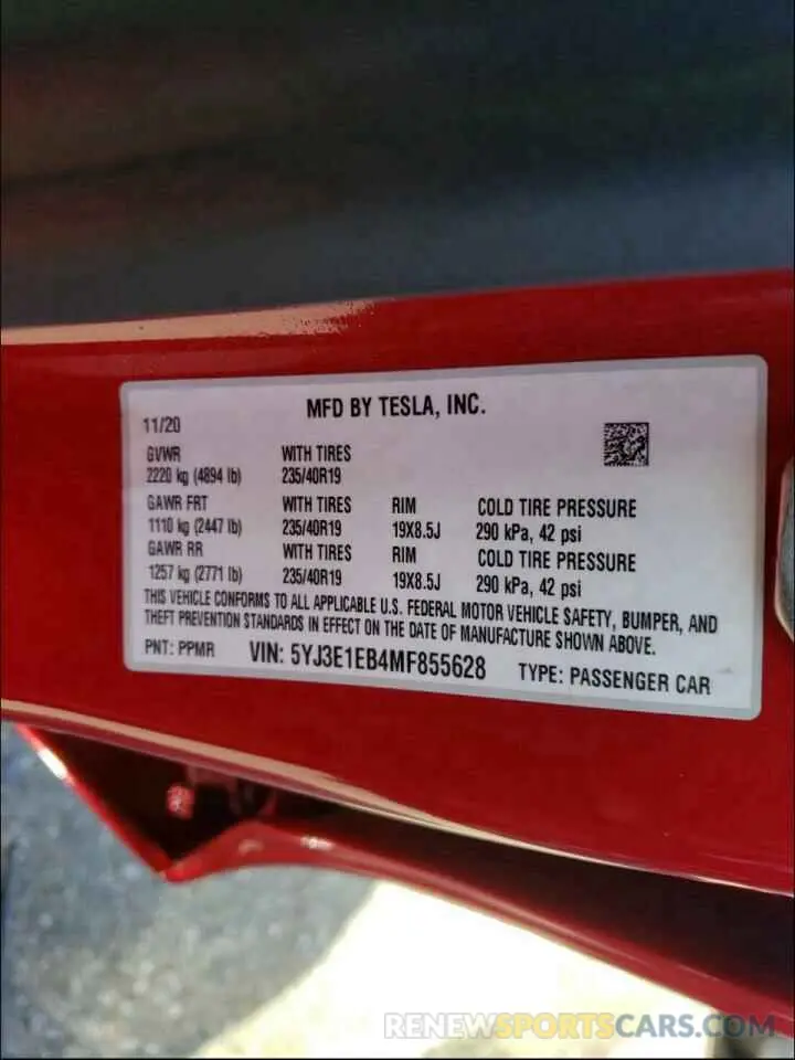10 fotografías del automóvil dañado 5YJ3E1EB4MF855628 TESLA MODEL 3 2021